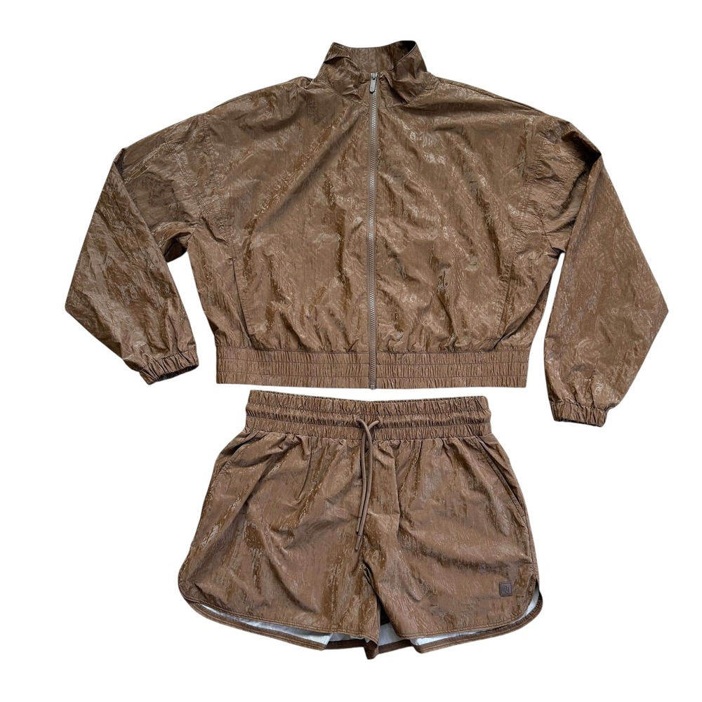 Nuuds Retro Full Zip Windbreaker Womens Activewear Set Jacket and Shorts Brown L
